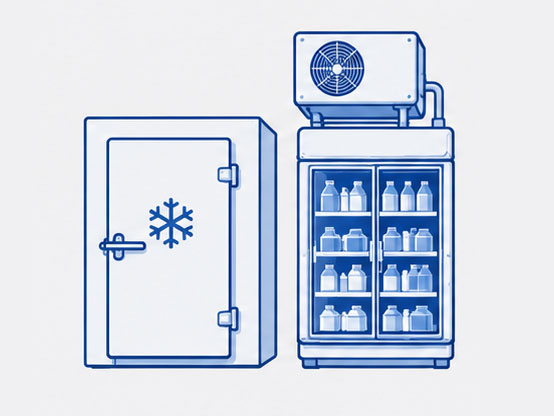 Blue line drawing of a walk-in freezer next to an open commercial fridge with bottles
