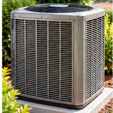 Photograph of a stainless-steel outdoor air conditioning unit surrounded by greenery.