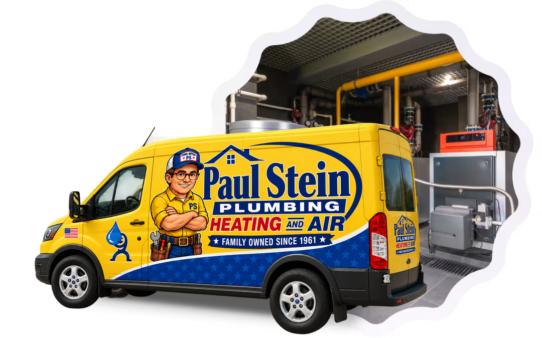 Illustration of a yellow Paul Stein Plumbing and Heating service van beside a plumber.