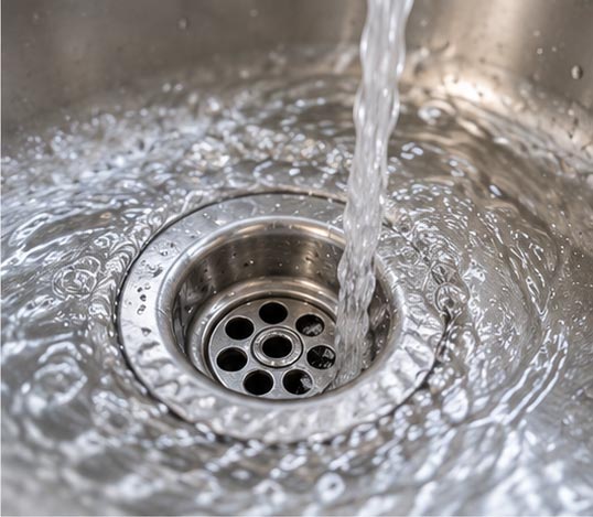 Water running into a stainless steel sink drain.