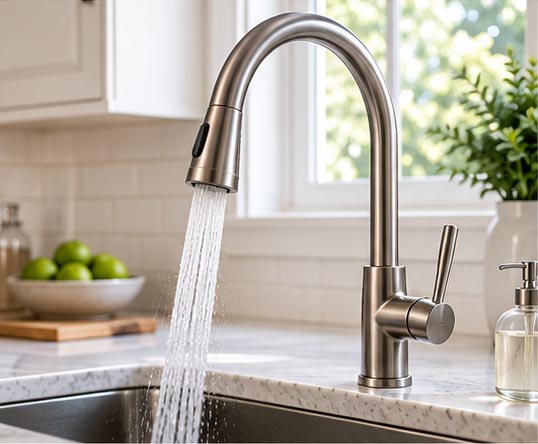Modern arched kitchen faucet running water into a stainless steel sink beside green apples.