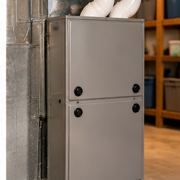 Gray metal furnace cabinet beside ductwork in a workshop, with shelves and tools in the background.