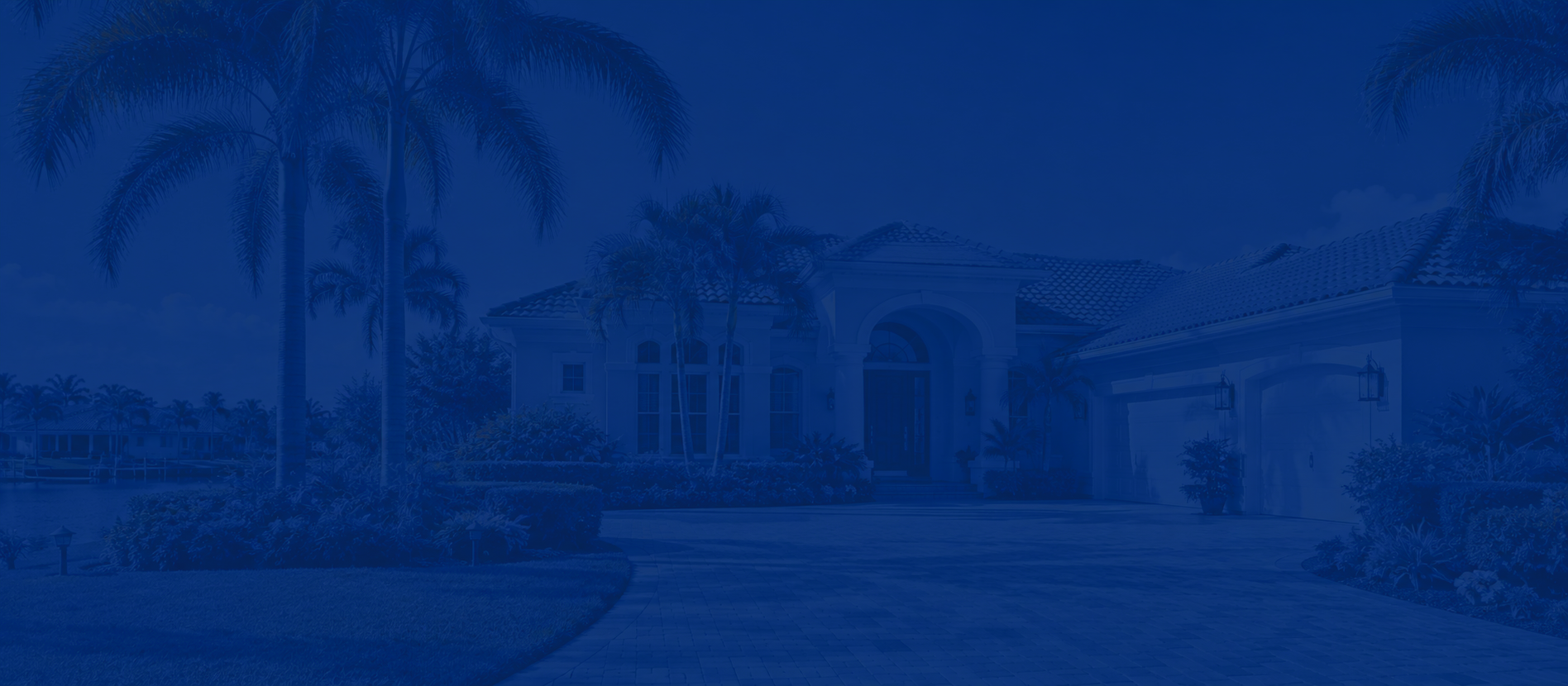 Dark blue monochrome illustration of a grand tropical estate in Naples, Florida