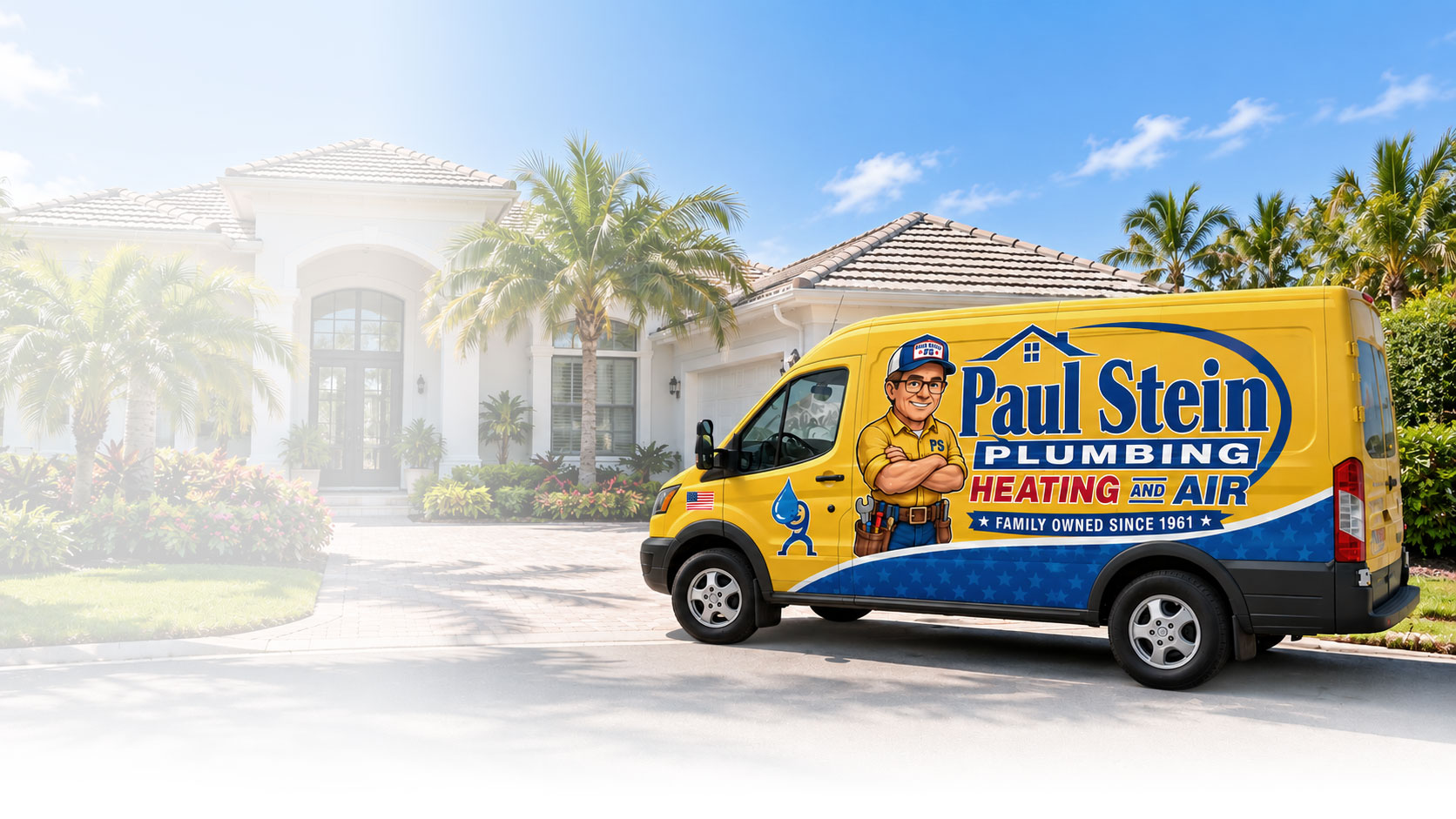 Yellow Paul Stein Plumbing & HVAC van parked outside a palm-lined building.