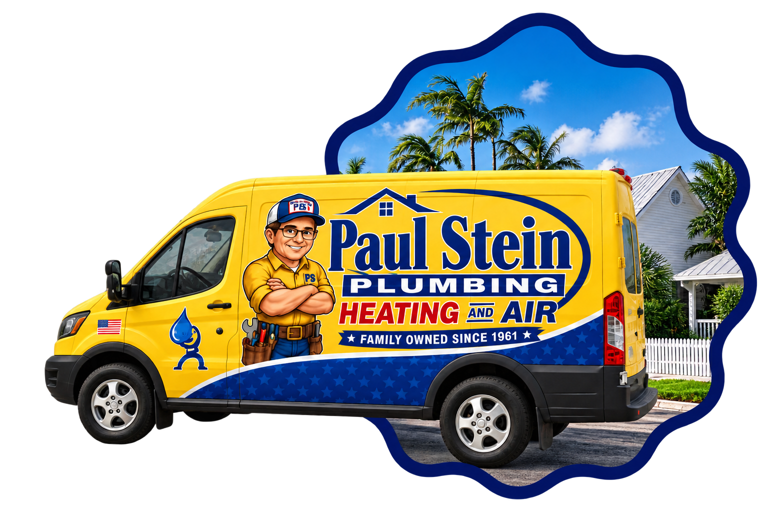 Cartoon graphic of a yellow Paul Stein Plumbing repair van with plumber mascot.