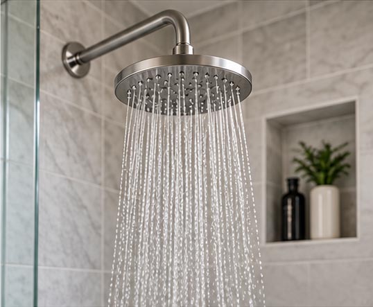 Rain-style showerhead spraying water in a tiled bathroom beside a recessed plant shelf.