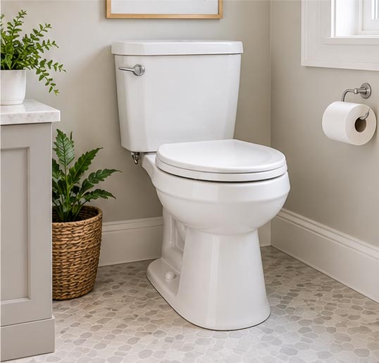 White toilet in a bright bathroom beside a potted plant and toilet paper holder.
