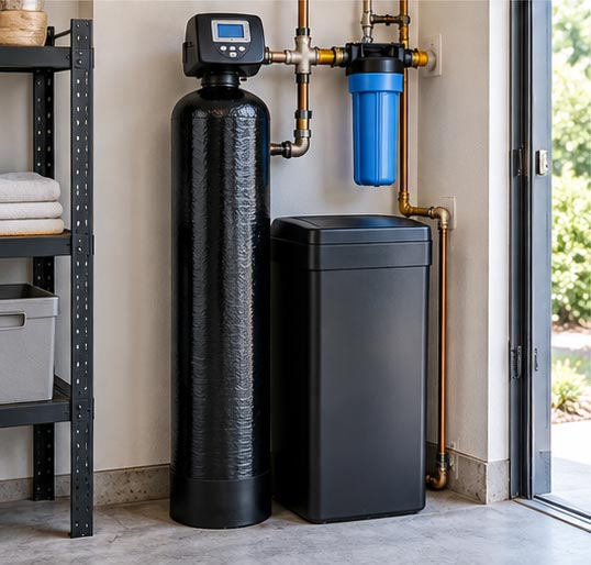 Water filtration system with black tanks, blue filter housing, and exposed plumbing beside a garage shelf.
