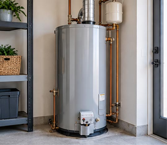 Stainless steel water heater with copper pipes in a utility room.